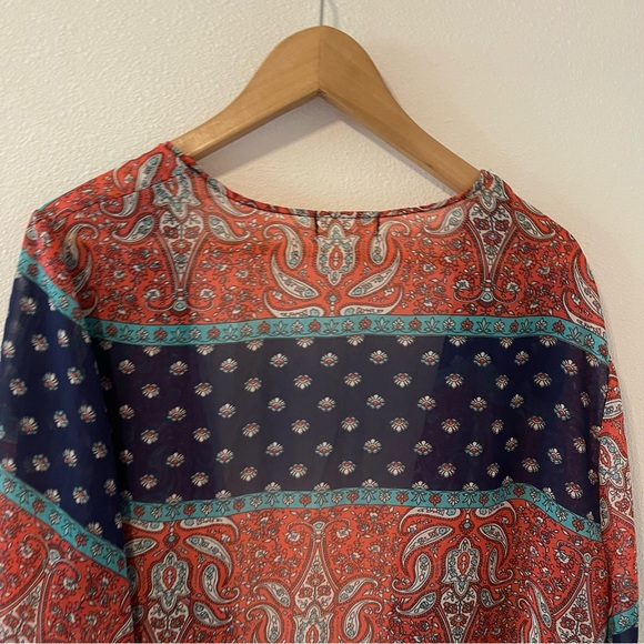 Espresso Colorblock Floral Paisley Kimono Open Cardigan Longline Rust Blue-2X - Picture 6 of 8
